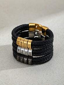 1pc Personalized Engraved Name & Photo Leather Cord Bracelet, Minimalist Black Braided Leather Cord Multi-Name Custom Bracelet With Photo, Stainless Steel Multi-Name Photo Bracelet Gift For Dad, Father's Day, Valentine's Day, Birthday, Anniversary - Multicolor - View 8