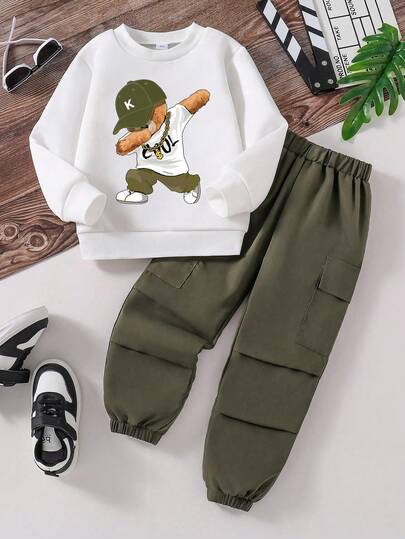 Young Boy Bear Print Round Neck Long Sleeve Top And Solid Color Long Pants Set