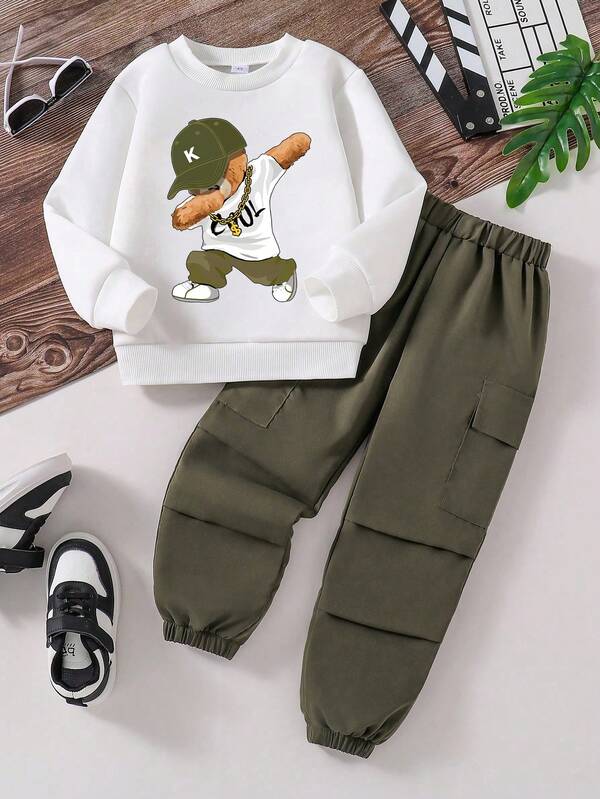 Young Boy Bear Print Round Neck Long Sleeve Top And Solid Color Long Pants Set