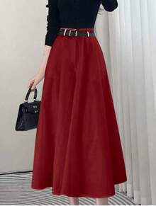 Solid Color High Waist Skirt With Pockets On Both Sides And Wide Hem - Burgundy - View 1