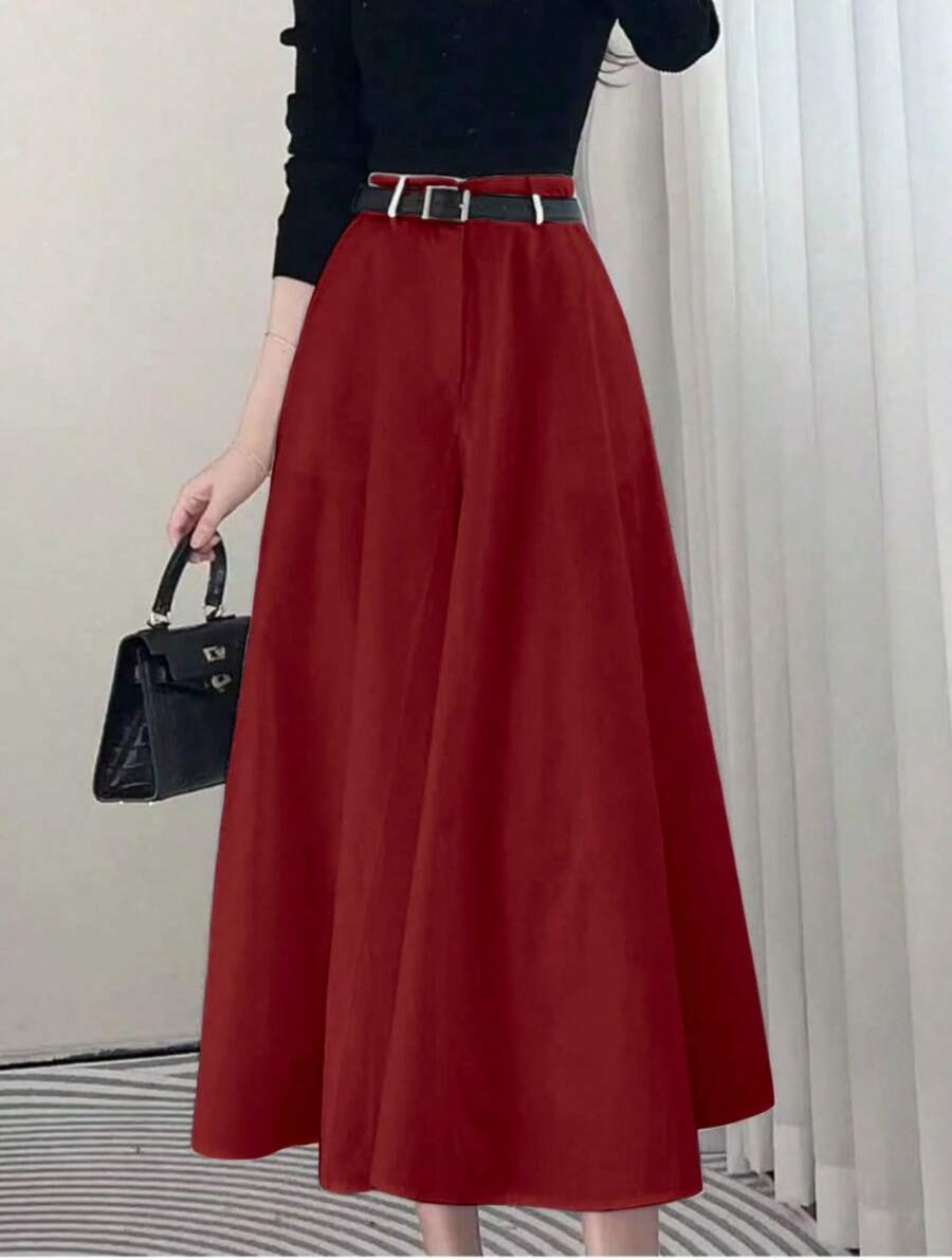 Solid Color High Waist Skirt With Pockets On Both Sides And Wide Hem - Burgundy - View 1