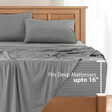 Lux Decor 4 Pc Stripe Bed Sheets, High GSM Brushed Microfiber Bedding Set With Deep Pocket Fitted Sheet & Pillowcases. Soft, Breathable, Hypoallergenic, Easy Care, And Wrinkle Resistant For Year-Round Comfort And A Classic Hotel-Quality Look. - 灰色 - 查看 4