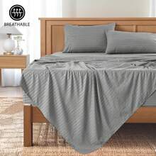 Lux Decor 4 Pc Stripe Bed Sheets, High GSM Brushed Microfiber Bedding Set With Deep Pocket Fitted Sheet & Pillowcases. Soft, Breathable, Hypoallergenic, Easy Care, And Wrinkle Resistant For Year-Round Comfort And A Classic Hotel-Quality Look. - 灰色 - 查看 10