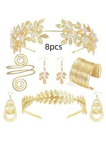 5pcs/Set Greek Goddess Style Clothing And Accessories Set, Including Leaf Shaped Crowns, Headbands, Bracelets, Earrings, Bridal Headpieces Halloween