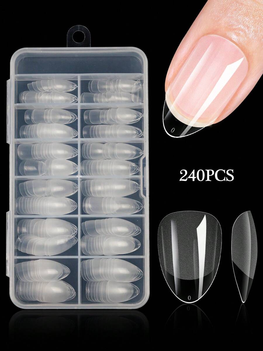 240pcs Nude Almond Shaped Short Acrylic Nail Tips, Matte Finish Full Cover Sculpted Soft Gel Press-On Capsule Artificial Fake Nails For Salon Use