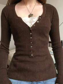 Women Y2k Lace Patchwork Knit Shirt Top Fairy Grunge Long Sleeve V Neck Button Front Slim Fit Ribbed Knitted Tee Shirts Tops Spring Fall Vintage Aesthetic Going Out Tee Top Casual Tunic Top Blouse Streetwear - 棕色 - 查看 2