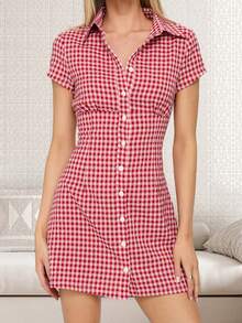 Women Plaid Shirt Dress Slim Fit Collared Short Sleeve Button-Up A-Line Mini Dress Casual Summer Streetwear - 紅色 - 查看 4