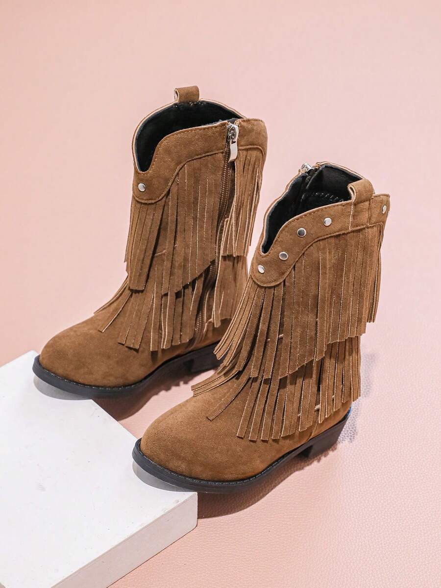 1 Pasang Sepatu Bot Koboi Barat Remaja dengan Rumbai, Desain Modis & Minimalis, Nyaman untuk Anak Perempuan - Coklat - View 1