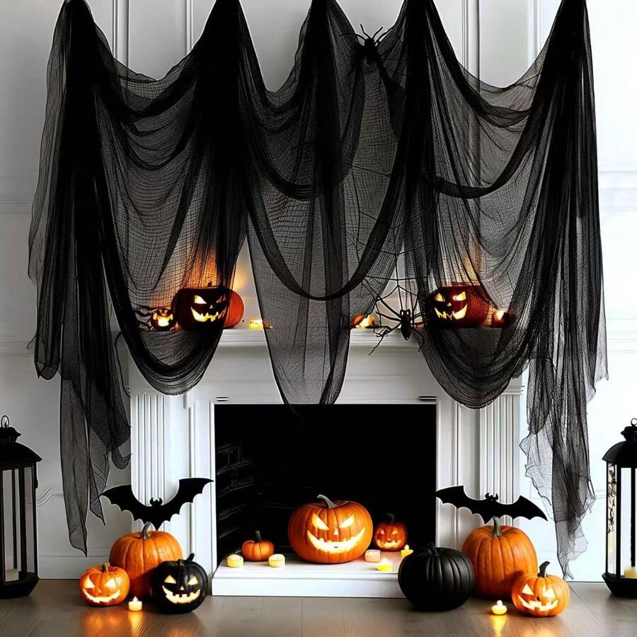 1 件万圣节恐怖黑色纱帘 - 鬼屋装饰，恐怖鬼魂透明面料（29.92x72.04 英寸/29.92x118.11 英寸/29.92x181 英寸） - 非常适合夜总会、密室逃脱、剧院背景、万圣节派对装饰 - 涤纶面料，易于悬挂和存放家居装饰万圣节装饰房间装饰