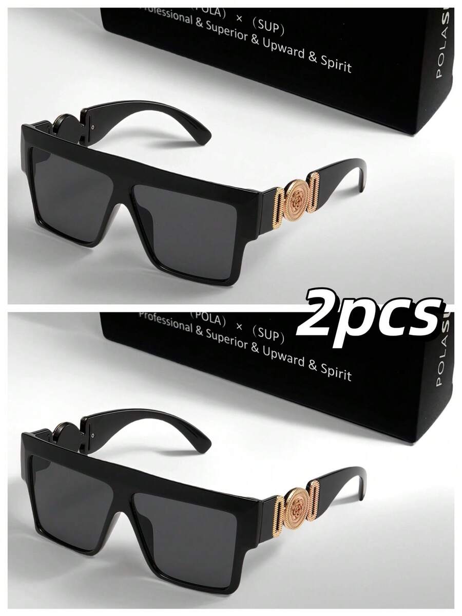 POLASUP 2 piezas Gafas de moda de hombre con montura gruesa, estilo retro y remaches, color negro, adecuadas para la playa, la piscina, las vacaciones, al aire libre, de moda y - 2 juegos (marco negro/gris completo/accesorios dorados M) (sin caja) - Ver 1