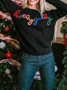 Women's Black Holly Jolly Round Neck Elegant Sweater Winter Graphic Clothes - Black - View 5