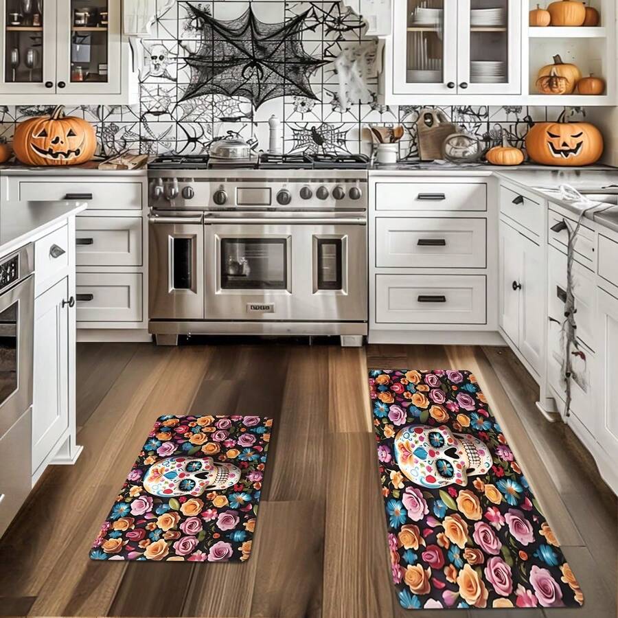 1pc Thickened 0.47 Inch/1.2cm Halloween Colorful Skull Pattern Kitchen Mat, Rose Background Non-Slip Polyester Floor Mat, Suitable For Bathroom, Bedroom, Game Room, Indoor And Outdoor Day Of The Dead Decoration Halloween Party - Multicolor - View 1