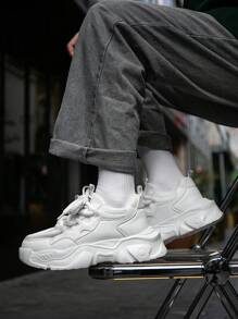 Men's Minimalist Solid Color Leather & Mesh Lace-Up Design Elevator Sneakers, Niche Fashion Versatile Casual Street Wear Vulcanized Shoes, Suitable For All Seasons - White - View 9