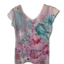 WOMEN'S SUBLIMATED PRINT, BANDED BOTTOM, FLUTTER SLEEVE, DOUBLE V-NECK KNIT TOP - Hồng - Xem 2