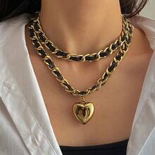 1 PC Creative Design Geometric Temperament Flannelette Chain Fashion Necklace, Retro Heart - Shaped, Versatile Double - Layer Neckpiece - 黑色 - 查看 6