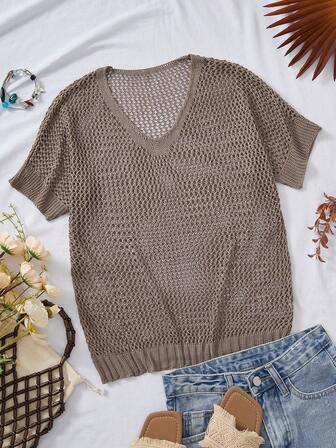 大码【上衣】优雅纯色V领时尚宽松针织镂空设计短袖上衣欧美风百搭