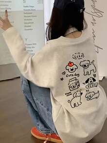 女款休閒寬鬆字母與卡通印花圓領長袖T恤，時尚百搭，春秋適用 - 淺花灰 - 查看 2