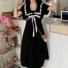 فستان أنيق أنثوي بأكمام قصيرة وشريط من الساتان بأسلوب لوليتا الفرنسي الرجعي، مناسب للارتداء اليومي العادي وأزياء هالوين