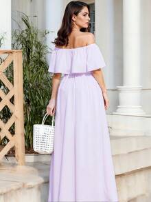 Vestido Largo de Escote Recto y de Hombros Descubiertos con Volantes, y Bajo con Abertura Lateral Elegante para Mujer - Lila Púrpura - Ver 4