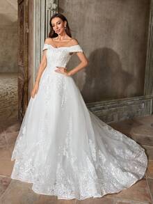 Women's Elegant White Lace Applique Off Shoulder Fashion Wedding Dress, Party Formal Cocktail Bridesmaid Gown, Valentine's Day - White - View 6
