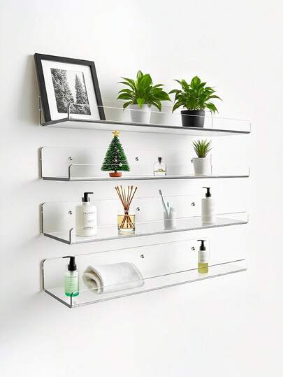 2个亚克力悬浮置物架 - 壁挂式储物架，浴室收纳架，儿童悬浮书架，适用于浴室、卧室或厨房 - 安装简便，可使用粘合剂（无需钻孔）或螺丝（需要钻孔）固定 - 现代置物架