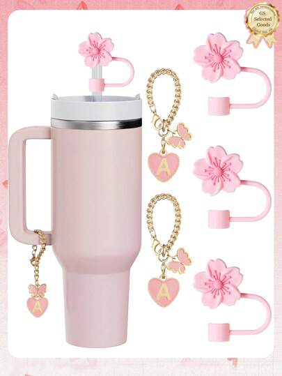 3 件/2 件适用于 30-40 盎司杯子的配件、粉色字母杯标记和硅胶芙蓉花吸管盖、硅胶防滑防刮保护套、可重复使用的 10 毫米大直径吸管吸管盖、适合现代简约玻璃杯的可爱字母装饰