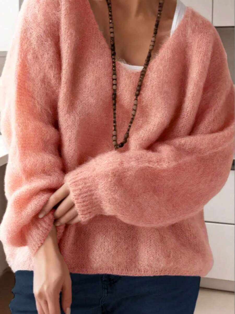 女士V领马海毛毛衣 - 垂褶长袖套头衫，适合秋季度假和派对穿着 | 复古奢华轻盈设计 - 藕粉色 - 查看 1