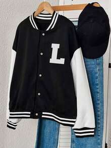 1件少女长袖棒球外套，春秋季学生休闲装 - 黑色 - 查看 4