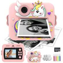 儿童即时打印相机，1080P 高清视频录制，适合幼儿的高清数码摄像机，数码变焦，适合 4 5 6 7 8 9 10 岁女孩的便携式玩具，适合 3-12 岁男孩和女孩的圣诞节生日礼物 - 彩色 - 查看 2