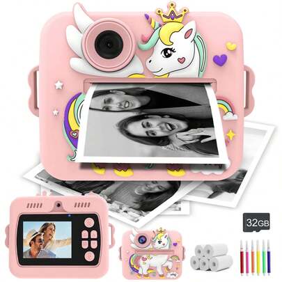儿童即时打印相机，1080P 高清视频录制，适合幼儿的高清数码摄像机，数码变焦，适合 4 5 6 7 8 9 10 岁女孩的便携式玩具，适合 3-12 岁男孩和女孩的圣诞节生日礼物