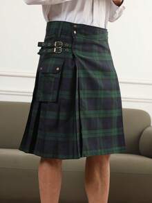 Imported Fashion Scottish Festival Plaid Green Pleated Kilt For Men - Army Green - View 2