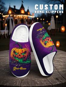 Pantoufles personnalisées pour hommes pour Halloween, chaussons d'intérieur moelleux avec design citrouille, ultra doux, chauds et confortables pour hommes et femmes, cadeau d'Halloween amusant pour maman/papa/elle/lui/petite amie/petit ami/épouse/mari/ami - Multicolore - Voir 2