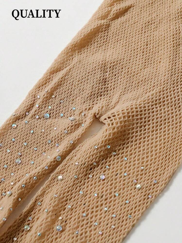 1 双女士性感水钻和渔网连裤袜 - 薄款、透视款、百搭款、弹力款、镂空款、时尚紧身裤，适合狂欢派对、户外活动、休闲日常穿着 - 卡其色 - 查看 4