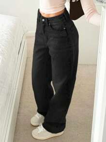 MYOURSA Women's Low-Rise Straight Leg Washed Jeans, Loose Fit, Casual Commute Daily Wear, Black - Black - View 5