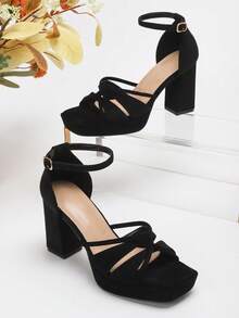 Giày sandal cao gót nữ với quai độc đáo, đế dày, hở mũi, quai ngang mắt cá chân, màu đen, thoải mái, thanh lịch, phù hợp cho tiệc tùng, thời trang, đa năng, du lịch. - màu đen - Xem 6