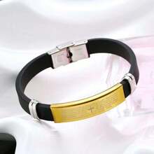 Adjustable Men's Bracelet Our Father Resistant Rubber Black And Silver - 我們的金子父親 - 查看 2