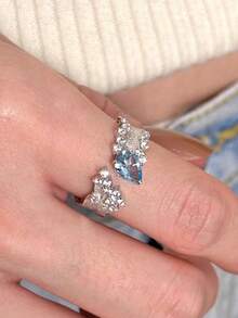 1pc Copper Open Adjustable Size Teardrop Shaped Synthetic Zirconia High-End Elegant Exquisite Luxury Index Finger Ring Vintage Palace Style Brushed Finish Valentine's Day Gift, Birthday Gift - Silver - View 2