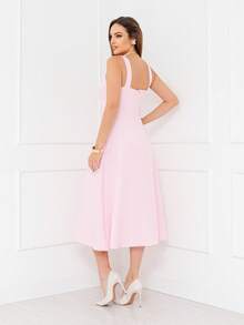 YAN FASHION Women's Midi Tailored Dress, Elegant Godet, Wide Strap, Square Neckline, Christmas - Màu Hồng baby - Xem 3