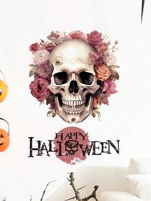 1PC Halloween Flower Skull Wall Sticker, Horror Art Wall Sticker Removable Vinyl Peel And Stick, Suitable For Halloween Party Toilet Door Living Room Bedroom Kitchen Decoration