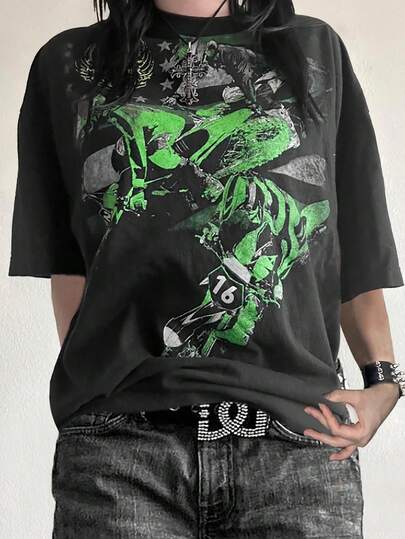 女士时尚个性化 Y2K 哥特风格印花纯色圆领短袖 T 恤 休闲黑色