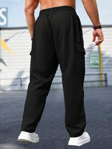 Pantaloni cargo leggeri da uomo taglia grande, per primavera e autunno, con vita con cordoncino, stampa a lettere, tasche con zip, colore unito, tasche grandi, adatti per casual, sport, uso quotidiano