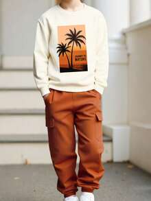 2pcs/Set Boys Casual Coconut Tree & Beach Print Long Sleeve Sweatshirt And Drawstring Sweatpants Outfit, Spring/Autumn - Brown - View 6