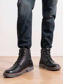 SHOESMALL Men's Waterproof Leather Work Boots With Rubber Sole Fashion  Ankle Black  PU Shoes Casual Boot Hiking Zipper Chukka Boots For Men - AMY8118A-blackpu - 查看 2