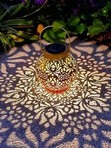 1 pieza Farol solar con patrón de peonía en negro y dorado, luz decorativa colgante para exteriores, lámpara de mesa para exteriores, adecuada para decoración de jardín/patio/mesa/porche