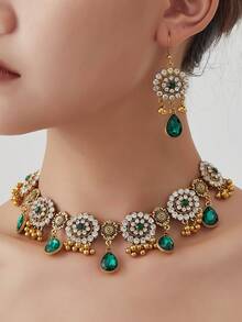 一套复古几何椭圆形和水滴形吊坠项链和耳环，南亚风格金属首饰套装，适合日常佩戴、派对和海滩度假配饰 - 女士金屬首飾套裝 - 查看 5