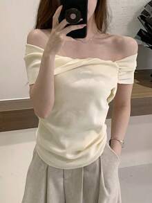 Off-Shoulder Versatile Casual Minimalist Women Knit Top - Apricot - View 1