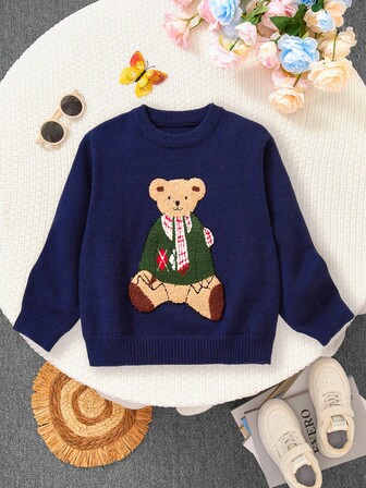 Flicktröja Mode Jacquard Tecknad Björn Broderad Rund Hals Långärmad Stickad Varm Resår Söt Elegant Enkel Tröja Lämplig För 4-12 År Barn Casual Mångsidig Topp, Höst/Vinter Ny