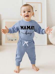 Newborn Baby Boys Outfit Waffle Knit Long Sleeve Mama's Boy Embroidery Sweatshirt Top Pants Set Infant Bodysuit Fall Winter Clothes - Màu xanh lam - Xem 3