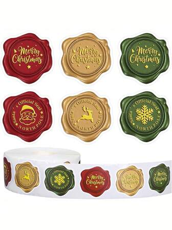 500 Pcs Of 1.5-Inch Christmas Sticker Rolls (For Envelopes) - 3 Designs: Stamp-Shaped Round 'Merry Christmas' Stickers, Self-Adhesive Label Sealing Stickers, Wax-Coated Sealing Stickers, Gold Foil Round Stickers, Green And Red Mixed Christmas Self-Adhesive Party Gift Stickers, Suitable For Holiday Greetings, Sealing, Gifts, And Gift Decoration/Envelope Invitation Gift Decoration.