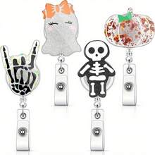 4 Pieces Halloween Retractable Badge Reel Acrylic Ghost Pumpkin Badge Holder Nurse ID Badge Holder With Alligator Clip Glitter Halloween Decorative Badge Reel For Student Teacher Doctor Nurse - 4PCS - View 2